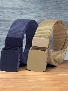 The Roadster Lifestyle Co. Men Blue & Beige Set Of 2 Textured Canvas Belts