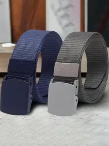 The Roadster Lifestyle Co. Men Blue & Grey Set Of 2 Textured Canvas Belts