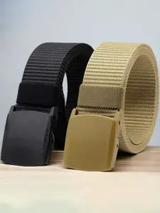The Roadster Lifestyle Co. Men Black & Beige Set Of 2 Textured Canvas Belts
