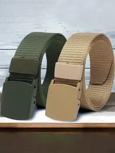 The Roadster Lifestyle Co. Men Green & Beige Set Of 2 Textured Canvas Belts