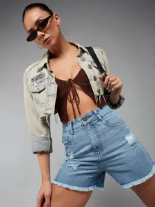 Miss Chase Women Relaxed Fit Mid-Rise Distressed Denim Shorts