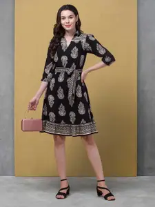 BAESD Ethnic Motifs Print Regular sleeves Tie-Up Fit & Flare Dress