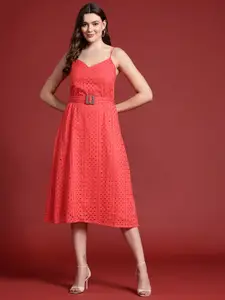 all about you Schiffli Cotton A-Line Midi Dress with Belt