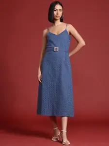 all about you Schiffli Cotton A-Line Midi Dress with Belt