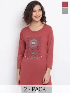 Duchess Pack Of 2 Printed Round Neck Longline Lounge T-shirts