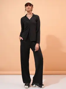 Tokyo Talkies Black Ribbed Shirt Collar Long Sleeves Top With Wide Leg Trouser
