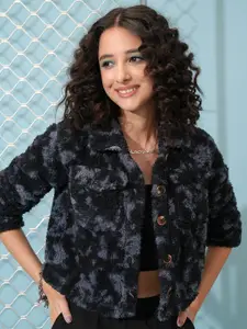 Tokyo Talkies Grey & Black Abstract Printed Shirt Collar Front-Open Sweatshirt