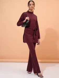 Tokyo Talkies Burgundy Ribbed High Neck Longline Top With Flare Leg Trousers