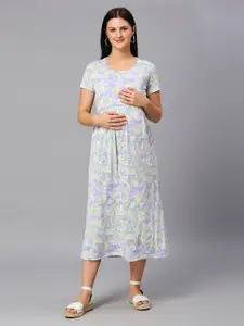 True Shape Round Neck Fit & Flare Floral Maternity Midi Dress With Cape
