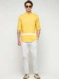 Red Flame Mandarin Collar Roll-Up Sleeves Cotton Linen Straight Kurta