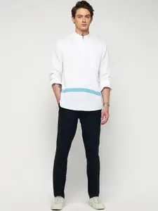 Red Flame Mandarin Collar Roll-Up Sleeves Cotton Linen Straight Kurta