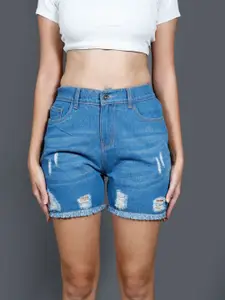 The Roadster Lifestyle Co. Women Washed Regular Fit High-Rise Distressed Denim Shorts