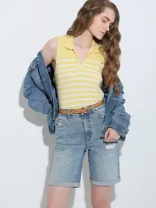 Vero Moda Striped Shirt Collar Sleeveless Casual Top