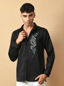 OFFMINT Classic Abstract Printed Spread Collar Long Sleeves Satin Casual Shirt