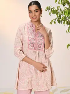 Lakshita Ethnic Motifs Embroidered Schiffli Thread Work Mandarin Collar Kurti
