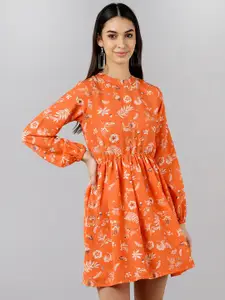 KALINI Floral Printed Round Neck Puff Sleeve Gathered Fit & Flare Dress