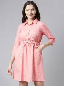 KALINI Polka Dot Printed Shirt Collar Fit & Flare Dress