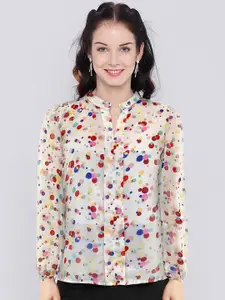TOOCHKI Polka Printed Mandarin Collar Georgette Shirt Style Top
