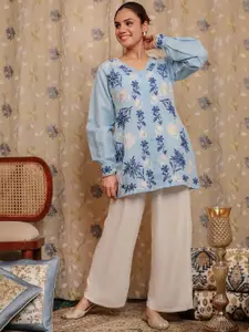 HOUSE OF KARI Floral Embroidered Pastels Cotton Straight Kurta