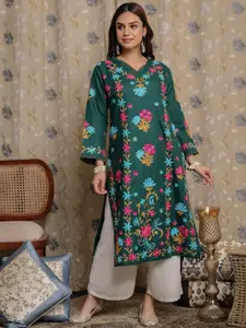 HOUSE OF KARI Floral Embroidered Pastels Cotton Straight Kurta