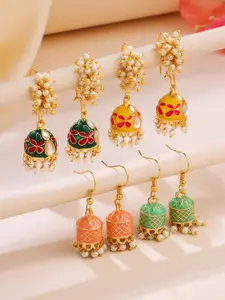 Yellow Chimes Set of 4 Gold-Plated Meenakari Beaded Jhumkas