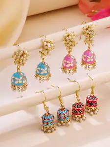 Yellow Chimes Set of 4 Gold-Plated Meenakari Beaded Jhumkas
