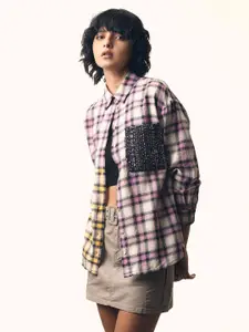 ONLY ONLSERIOUS Tartan Checked Embellished Detail Oversized Pure Cotton Casual Shirt