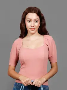 The Roadster Lifestyle Co. Peach Sweetheart Neck Puff Sleeves Crop Top