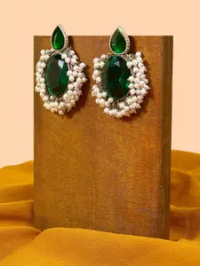 AMI Silver-Plated Stone-Studded & Beaded Contemporary Drop Earrings