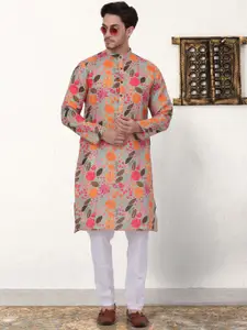 Anouk Floral Printed Mandarin Collar Regular Pure Cotton Straight Kurta With Pyjamas