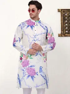Jompers Men Floral Printed Mandarin Collar Cotton Straight Kurta