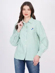 MINGLAY Relaxed Vertical Stripes Spread Collar Long Sleeves Casual Shirt