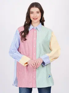 MINGLAY Relaxed Vertical Stripes Spread Collar Long Sleeves Casual Shirt