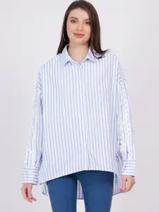 MINGLAY Relaxed Vertical Stripes Spread Collar Long Sleeves Casual Shirt