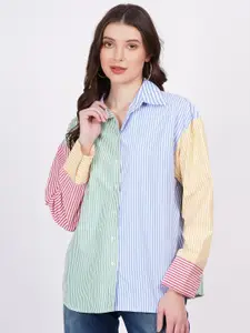 MINGLAY Relaxed Vertical Stripes Spread Collar Long Sleeves Casual Shirt