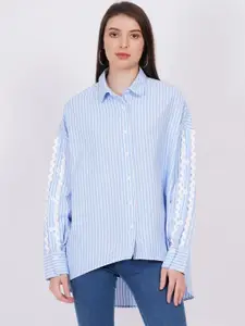MINGLAY Relaxed Vertical Stripes Spread Collar Long Sleeves Casual Shirt