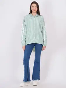 MINGLAY Relaxed Vertical Stripes Spread Collar Long Sleeves Casual Shirt