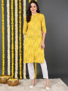 KALINI Geometric Printed Mandarin Collar Cotton Straight Kurta
