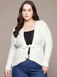 The Roadster Lifestyle Co. Plus Size Cable Knit Front-Open Sweater with Belted Detail