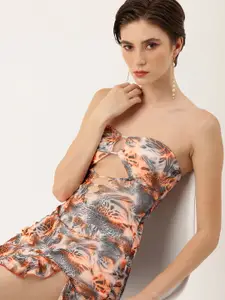 bebe Animal Printed Cut-Out Asymmetric Ruffled Hem Sheath Midi Dress