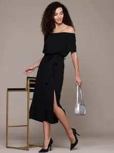 bebe Future Glam Off-Shoulder A-Line Midi Dress