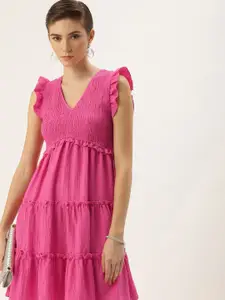 bebe Smocked Flutter Sleeve Tiered Fit & Flare Dress