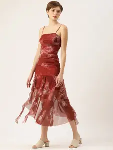 bebe Printed Ruffled & Ruched Net Sheath Midi Party Dress