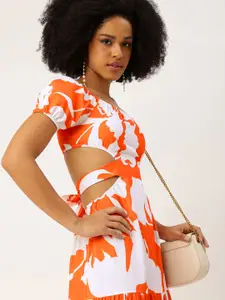 bebe Abstract Printed Puff Sleeves Cut-Out Tiered Party Maxi Dress