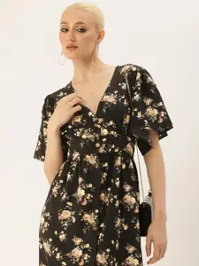 bebe Floral Printed V-Neck Flared Sleeves Gathered Detail A-Line Midi Dress