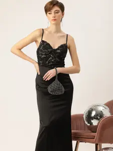 bebe Satin & Floral Lace Shoulder Straps Maxi Party Dress