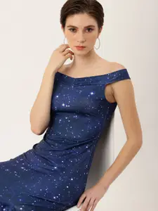 bebe Printed Off-Shoulder Sheath Midi Dress