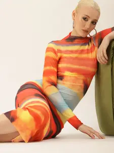 bebe Tie and Dye High Neck Semi Sheer Net Sheath Midi Dress