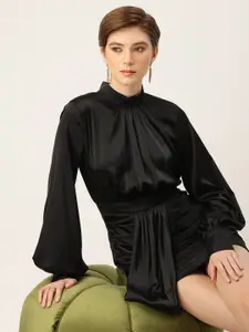 bebe High Neck Cuffed Sleeves Gathered & Pleated Detail Satin Bodycon Mini Dress