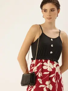 bebe Floral Printed Shoulder Straps Gathered Detail A-Line Dress